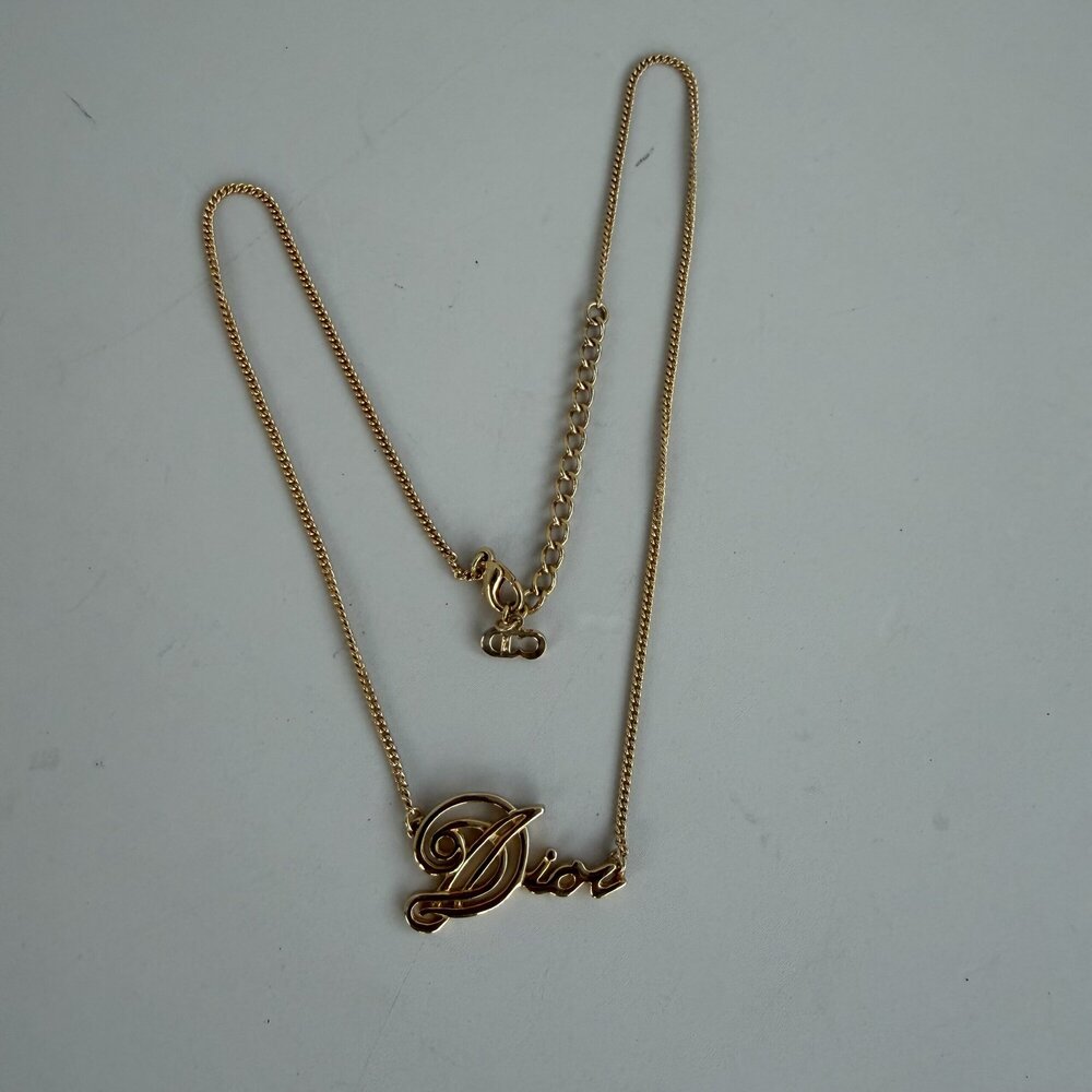 Christian Dior Gold-Tone Cursive Script Logo Pendant Necklace